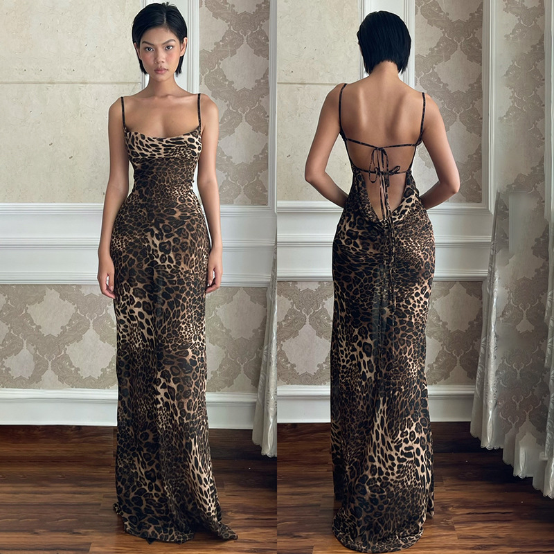 CF24216 camisole hooded collar sexy backless leopard print dress European and American summer new style temperament dress long skirt