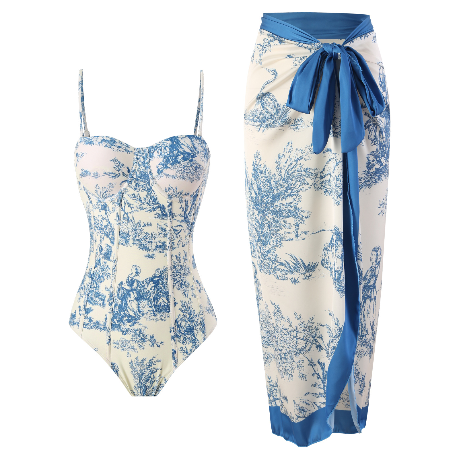 2024 European and American new one-piece swimsuit women's tight fitting slimming French retro sun protection long skirt two-piece set hot spring swimsuit