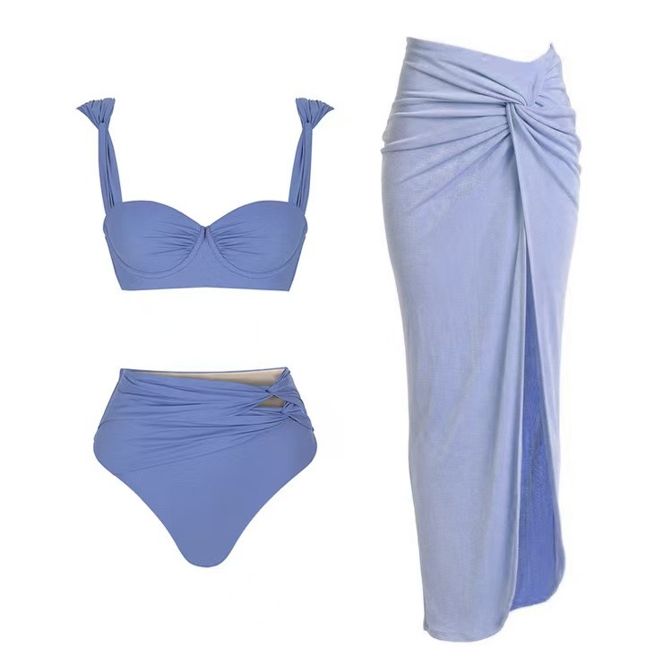2025 new bikini three piece set solid color sexy high waist slimming cross-border Amazon beach skirt vacation swimsuit