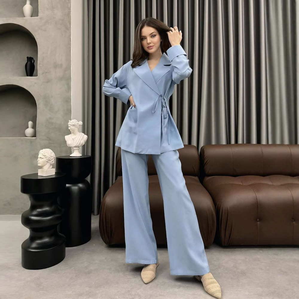 European and American cross-border women's 2025 AliExpress INS popular lace up suit, kimono jacket, shirt, fashionable pants set