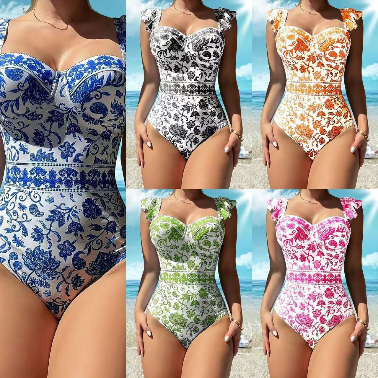 2025 new European and American one-piece bikini women's cross-border AliExpress sexy printed European and American hot spring swimsuit