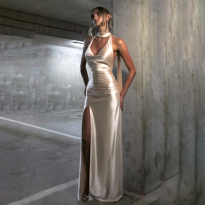 XY24598 Autumn 2024 New Fashionable and Sexy Deep V-neckline Hanging Neck Bareback Satin Ribbon Dress