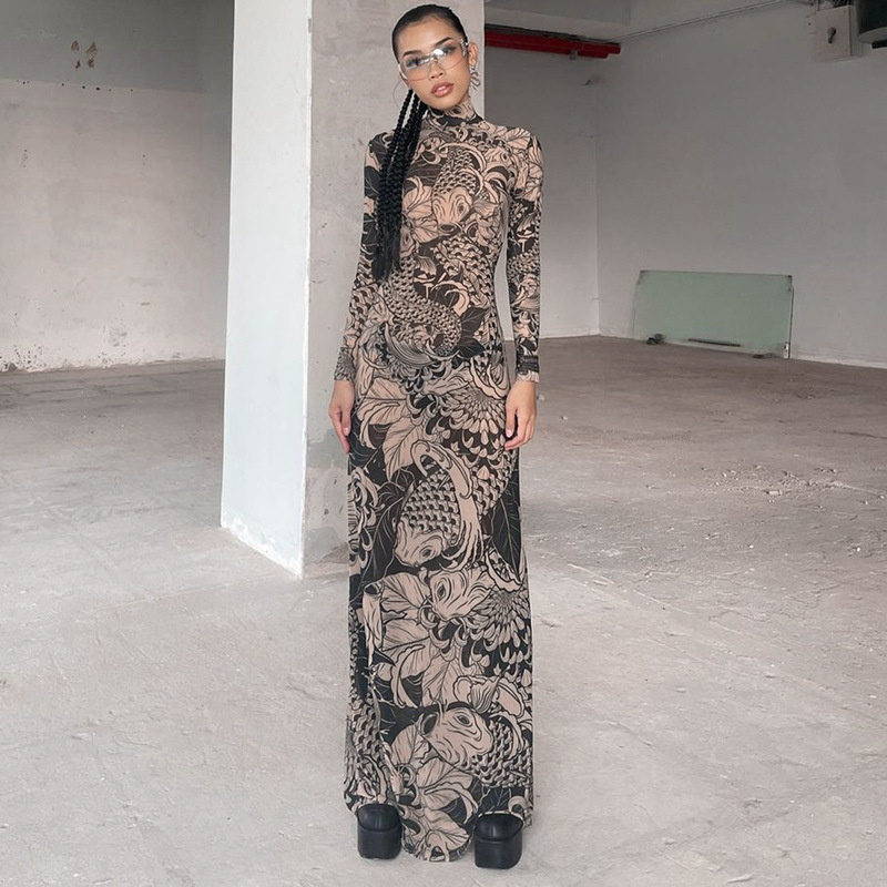 European and American cross-border women's clothing 2025 summer new fashion mesh print perspective high neck slim fit dress for women