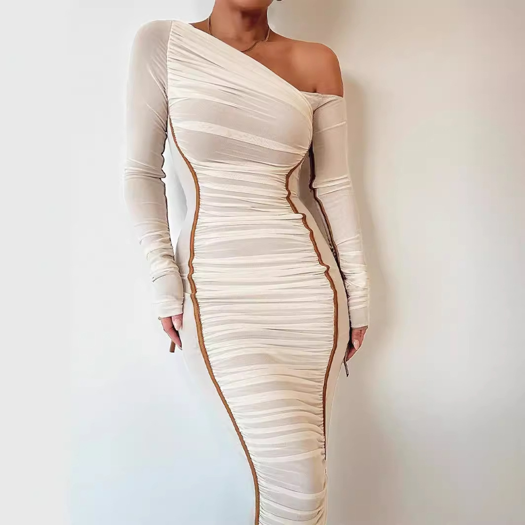 European and American style 2025 spring new women's long sleeved mesh spliced diagonal shoulder mid length skirt fashionable pleated dress for women