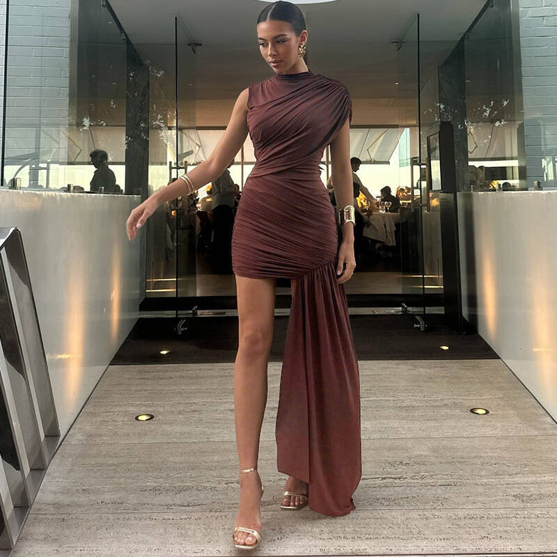 European and American style cross-border fashion temperament women's pleated slim fitting strap wrapped skirt with solid color high neck short dress splicing