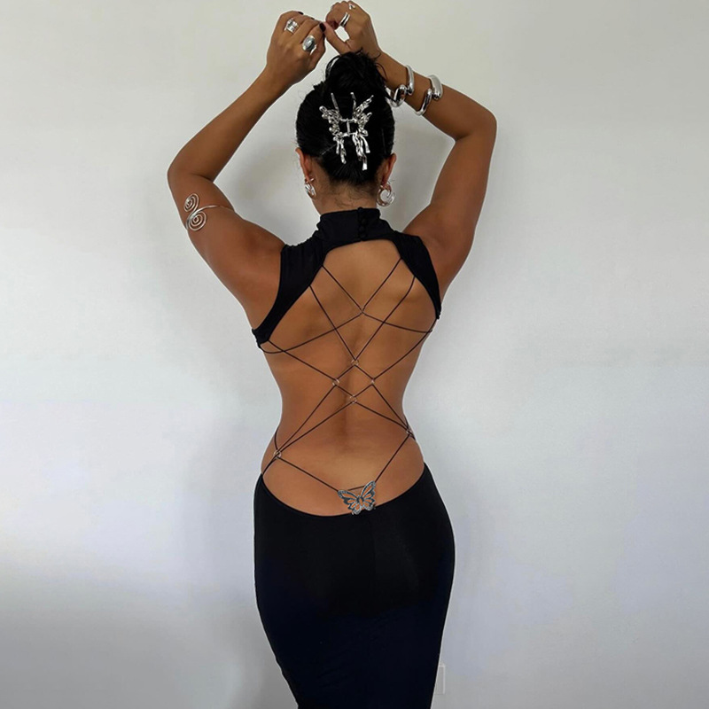 YY24070 European and American style sexy backless bow dress for women 2024 summer new style temperament spicy girl long skirt