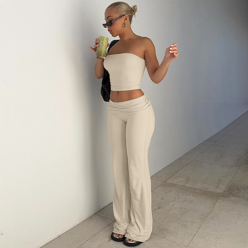 Amazon Cross border Women's Clothing 2025 Spring New Solid Color strapless Top, Trumpet Pants, Fashion Slimming Set for Women