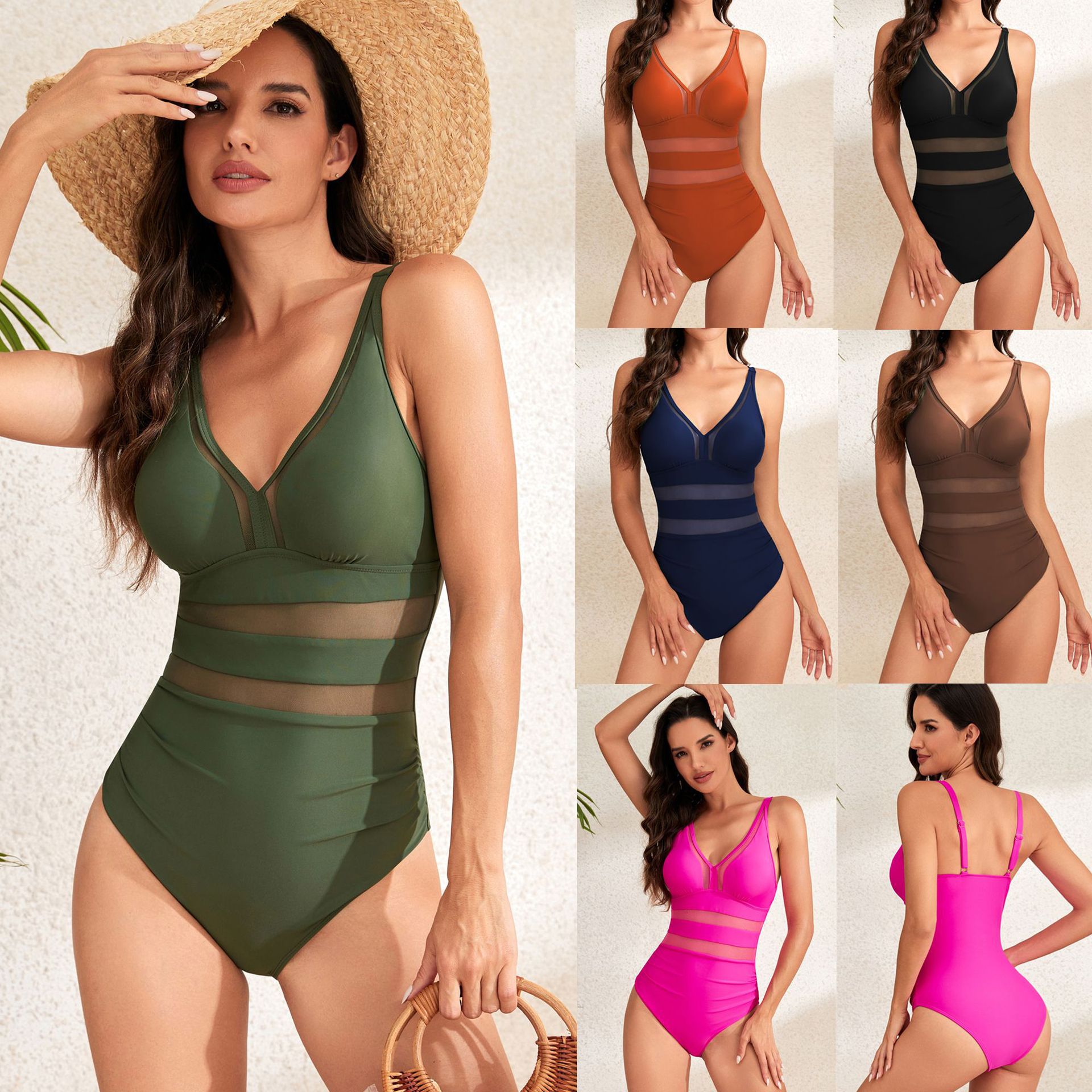 2024 new Amazon mesh one-piece bikini swimsuit mesh hollow solid color swimsuit women's swimsuit
