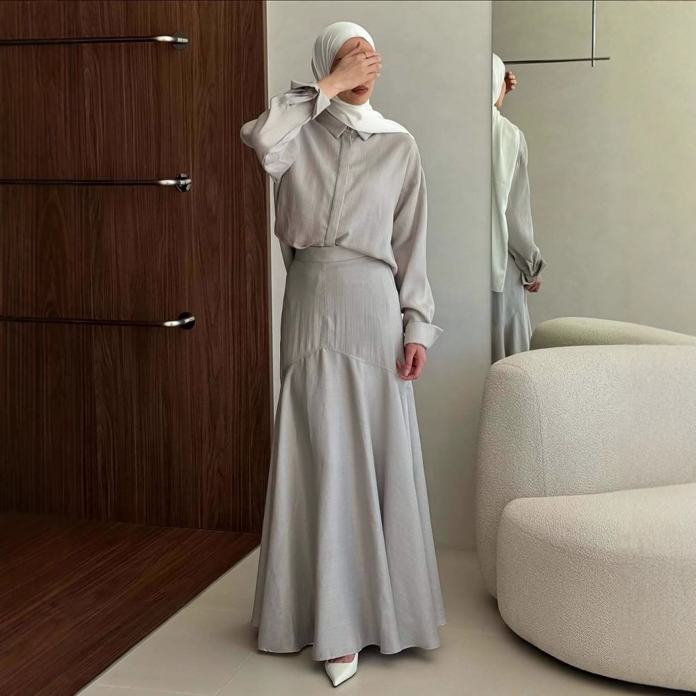 Middle East midi skirt set, Arab cross-border women's clothing 2025 new style, fashionable loose long sleeved shirt, slim fit two pieces