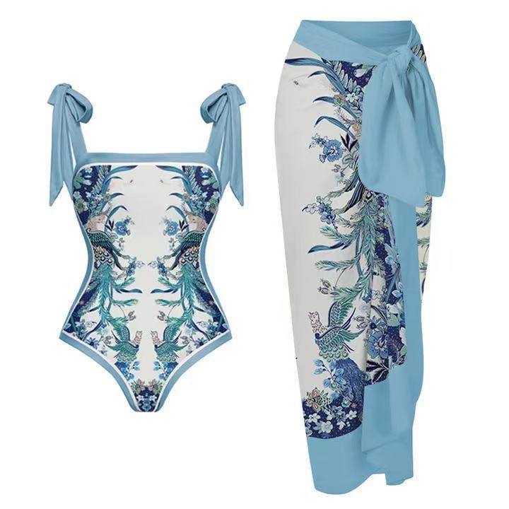 2025 European and American conservative double-sided beach hot spring swimsuit two-piece set French retro one-piece bikini