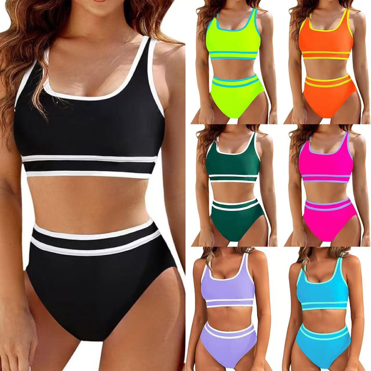 Bikini 2025 new color blocked sports style sexy split cross-border AliExpress high waisted vest style swimsuit for women