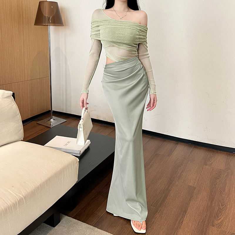 XS24416 One Shoulder Mesh Splicing Sexy Long Sleeve Dress for Women 2025 Spring/Summer New Pure Desire Style Long Dress