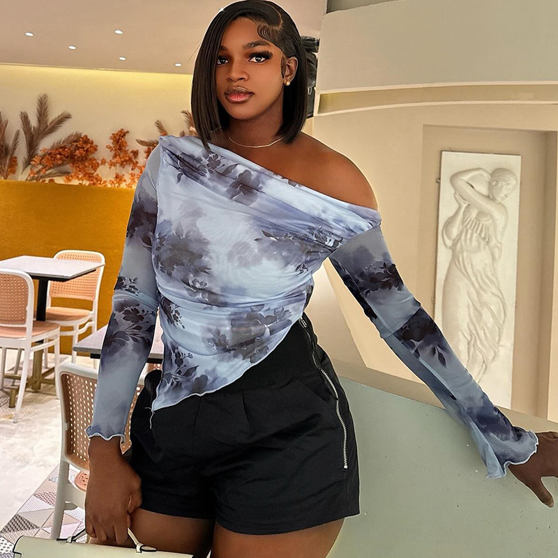 European and American ins cross-border foreign trade wholesale women's long sleeved new T-shirt tie dye printed off shoulder diagonal collar irregular hem