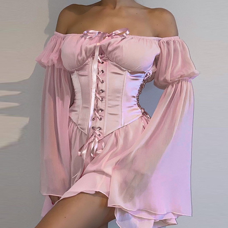 JY21154 Strap Waist Horn Sleeve Dress Set European and American Women's Summer Sexy Temperament Commuting Short Skirt