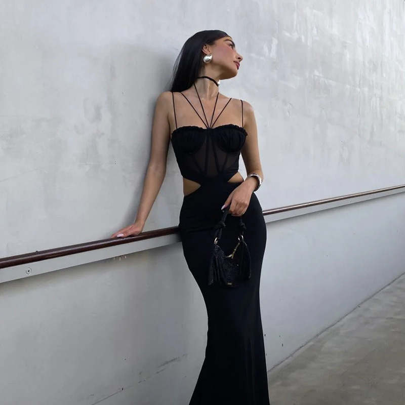 JY23644 Summer New Internet Celebrity Hot Girl Same Style Long Dress European and American Style Mesh Waist Hollow Strap Dress