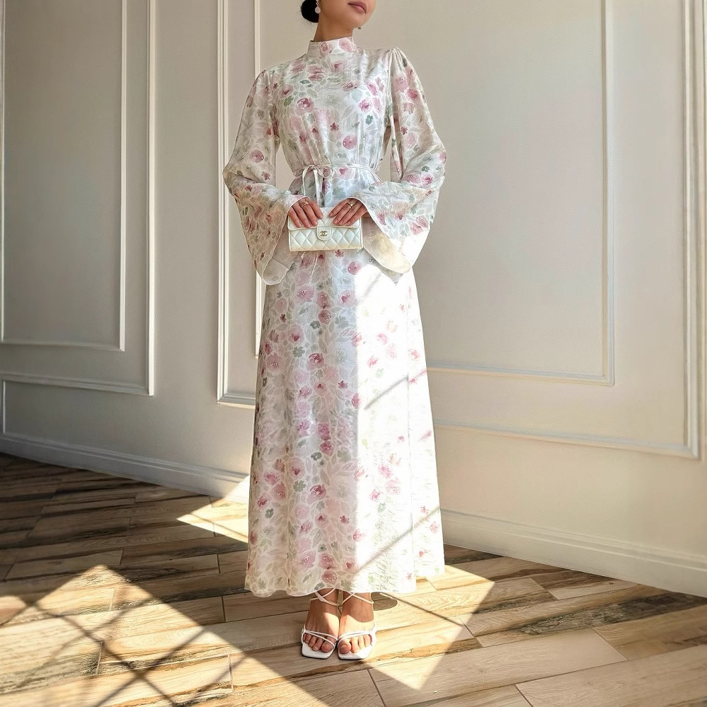 European and American cross-border women's clothing 2025 new style fashionable temperament sweet French trumpet sleeves slimming printed dress long skirt