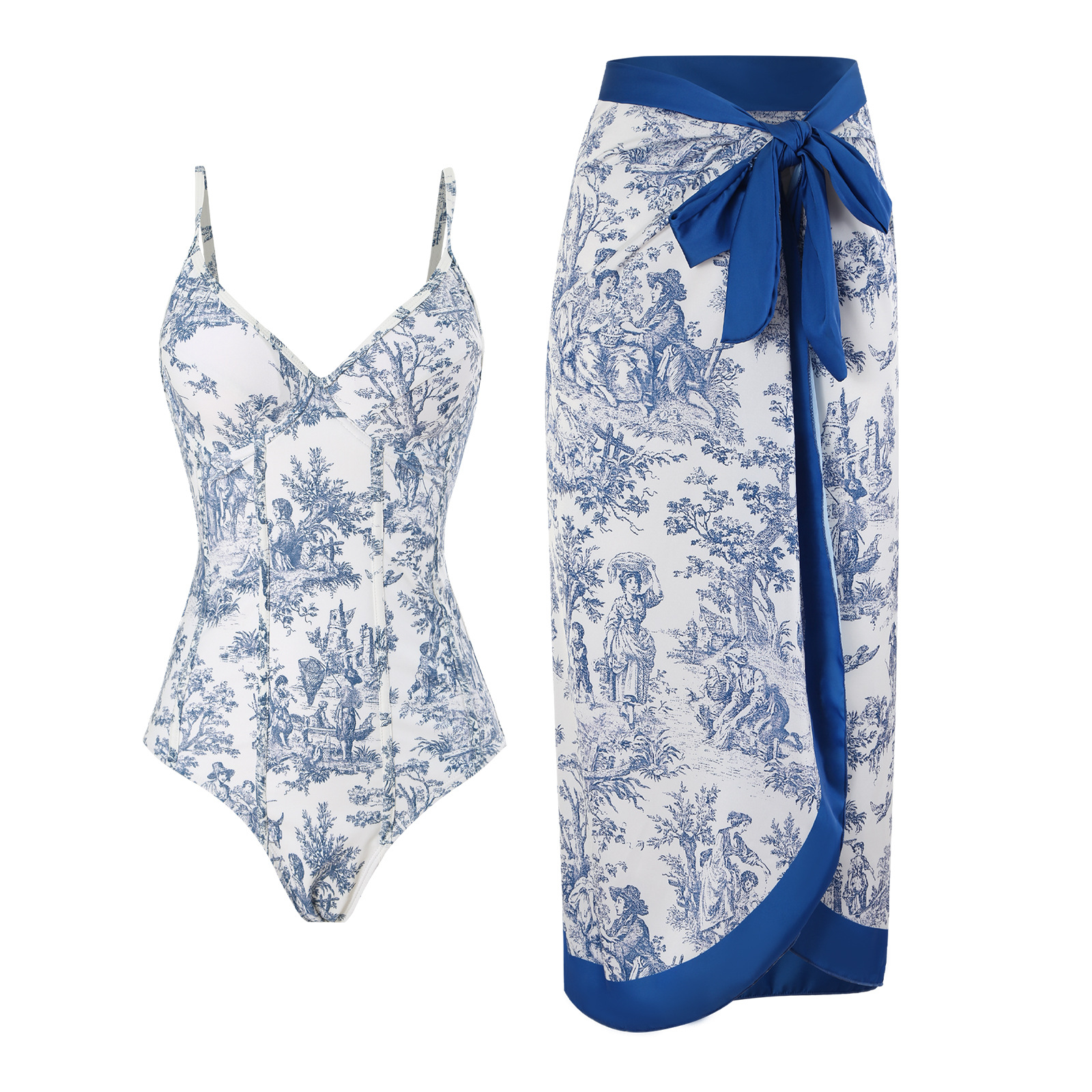 2024 European and American new one-piece swimsuit women's tight fitting slimming retro strap sunscreen long skirt two-piece set hot spring swimsuit