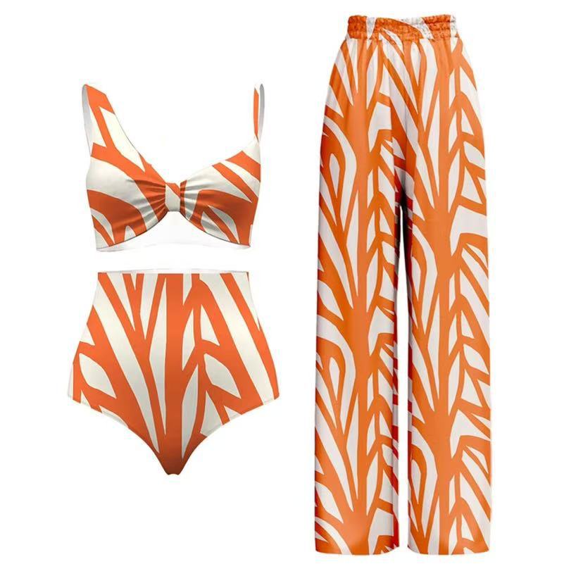2025 European and American Foreign Trade Independent Station New Three piece Fashion Split Swimsuit Stripe Printed Hoodie Sunscreen Swimsuit