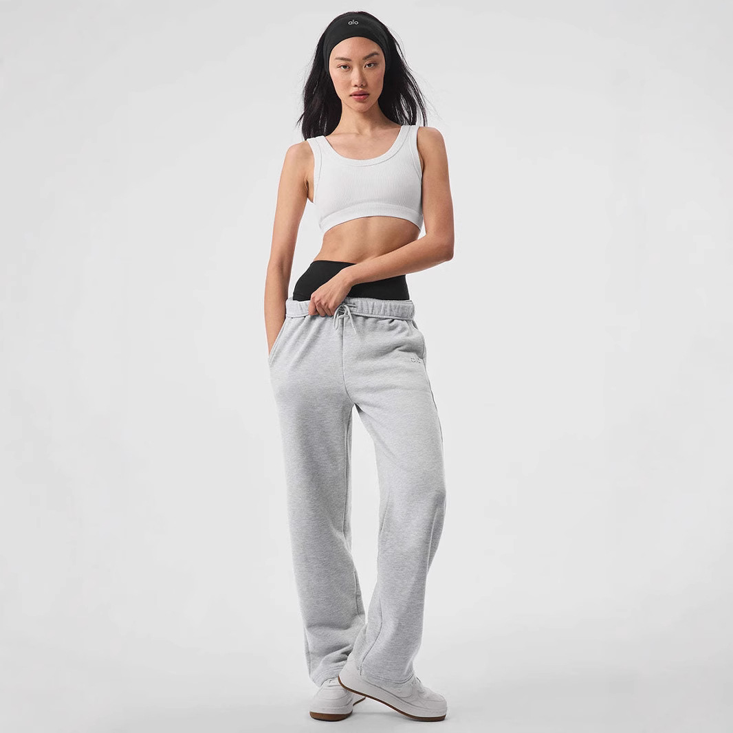 Alo pants, high fixed bucket pants, autumn wide leg casual pants, loose straight leg pants, sanitary pants, unisex three-dimensional logo