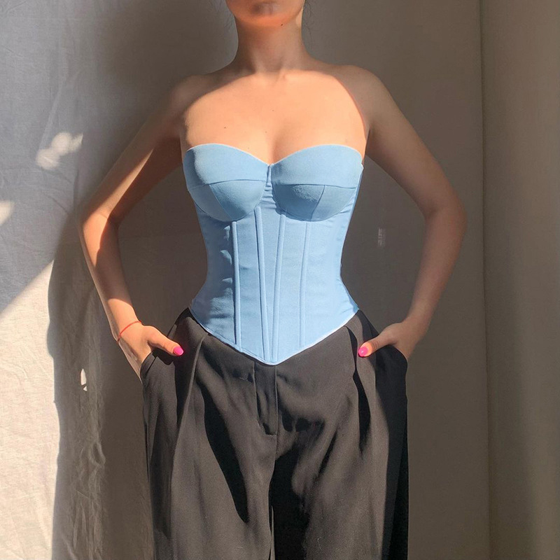 YY23544 European and American style chest cup imitation denim top 2024 summer new spicy girl strapless waist cinching top