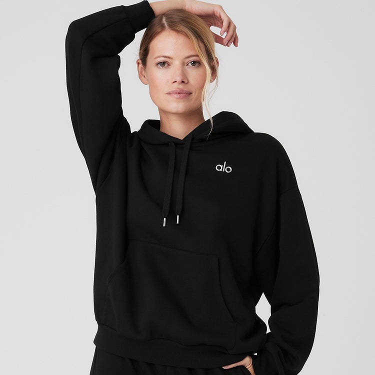 Alo hoodie loose fit hooded hoodie solid color high fixed with velvet drawstring front pocket hoodie unisex sport