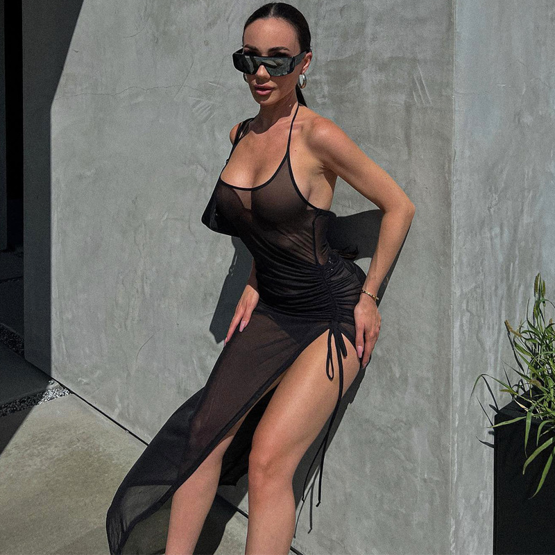 European and American style foreign trade women's clothing 2025 summer new mesh sexy perspective slit slim fit dress wholesale and hair agency