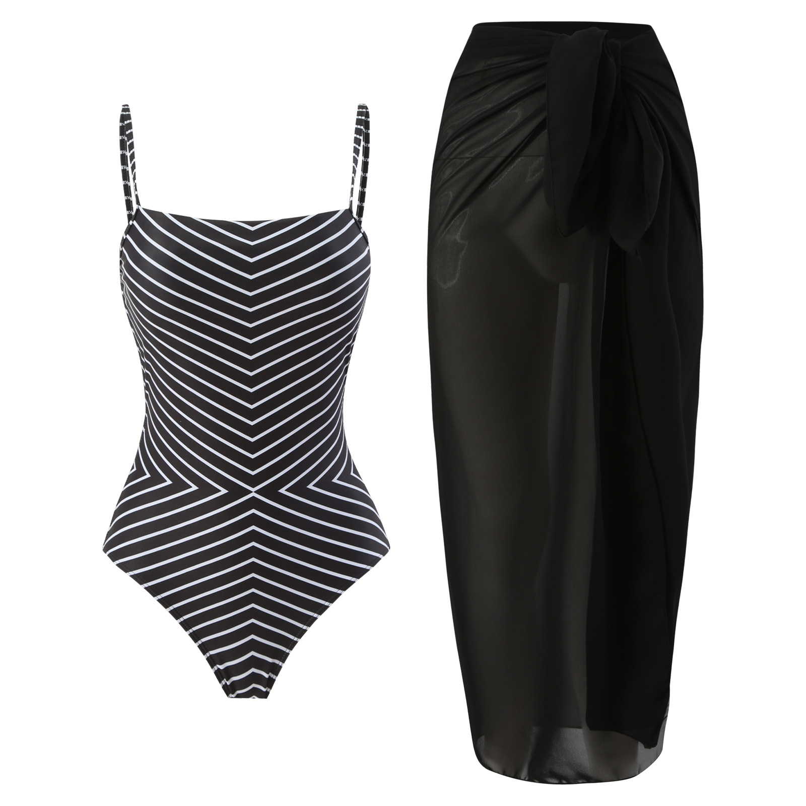 2024 European and American conservative belly covering beach hot spring swimsuit two-piece set striped retro one-piece bikini