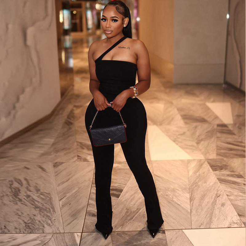 European and American style cross-border women's micro elastic backless fashion sexy solid color long jumpsuit sleeveless diagonal shoulder strap thin jumpsuit