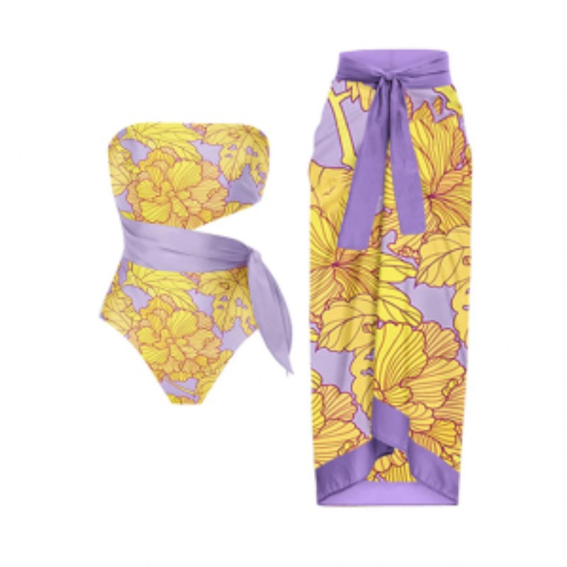 2024 new European and American French retro printed one-piece swimsuit for women's hot spring vacation beach skirt two-piece set swimsuit