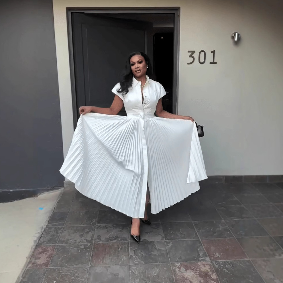 European and American cross-border women's clothing 2025 spring/summer new style short sleeved high waist slimming pleated shirt skirt A-line dress