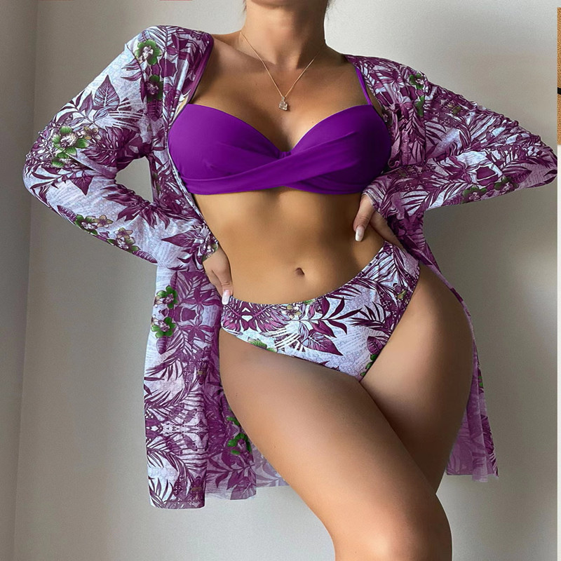 2024 new swimsuit European and American three piece set, outerwear, European and American women's cross-border bikini split swimsuit, women's bikini