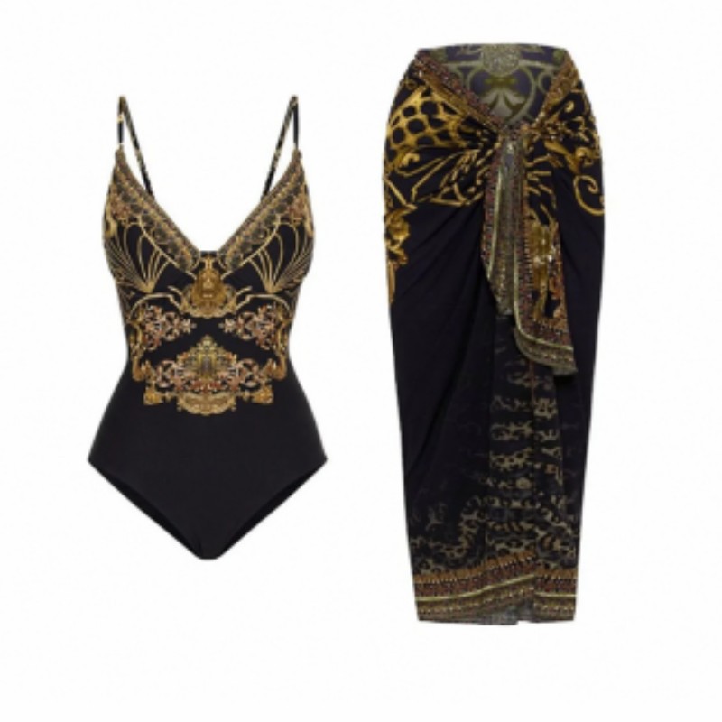 2024 European and American conjoined conservative belly covering slimming vacation beach hot spring swimsuit French retro conjoined bikini