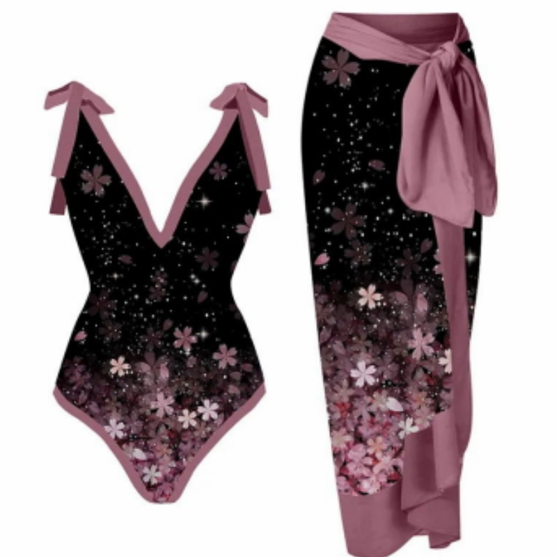 2024 European and American new one-piece conservative belly covering vacation beach hot spring swimsuit mesh long skirt bikini set