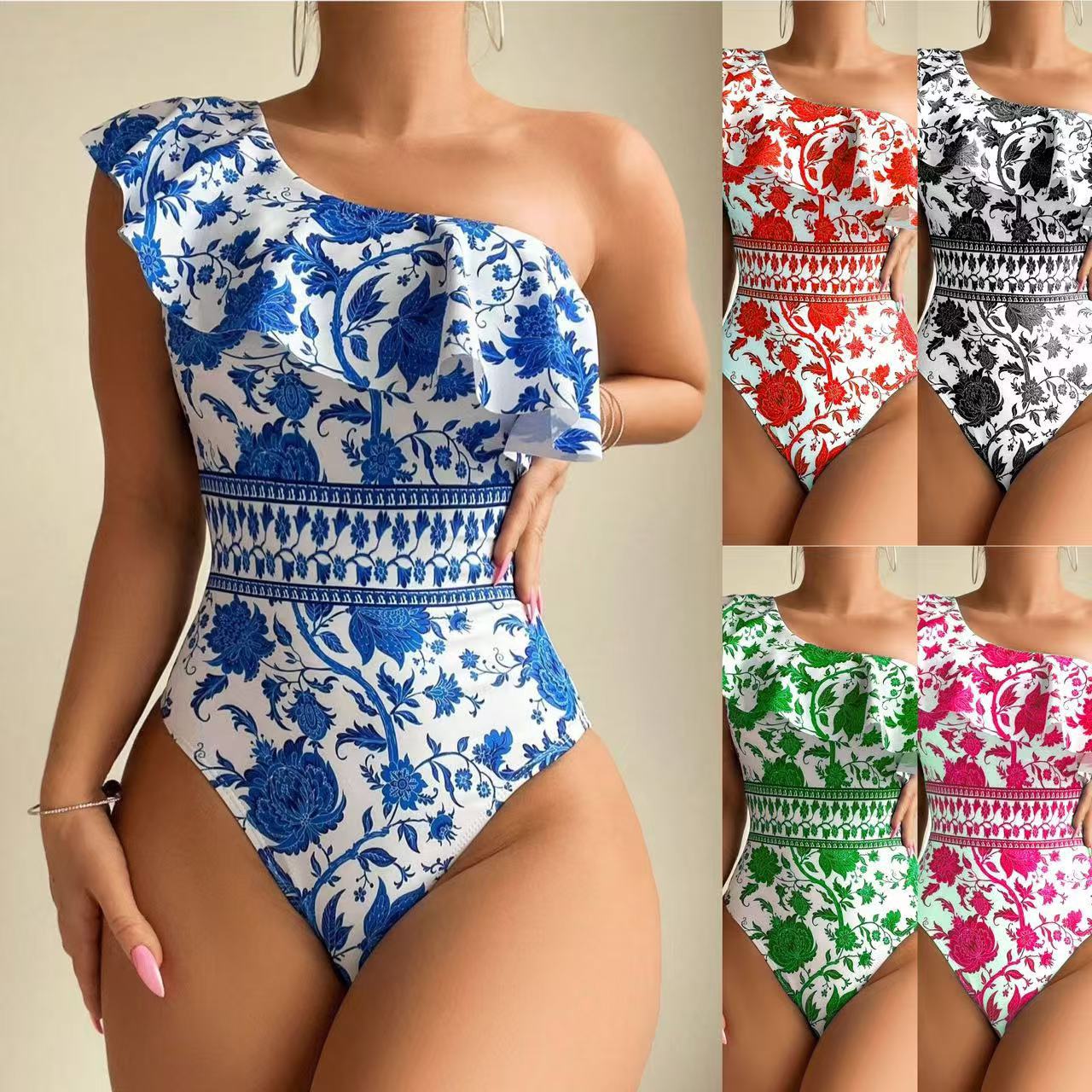 2025 new bikini shoulder lotus leaf edge print one-piece cross-border independent station tight and sexy hot spring swimsuit for women