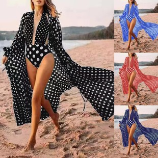 European and American new Bohemian beach vacation cardigan bikini set polka dot beach chiffon hooded swimsuit women