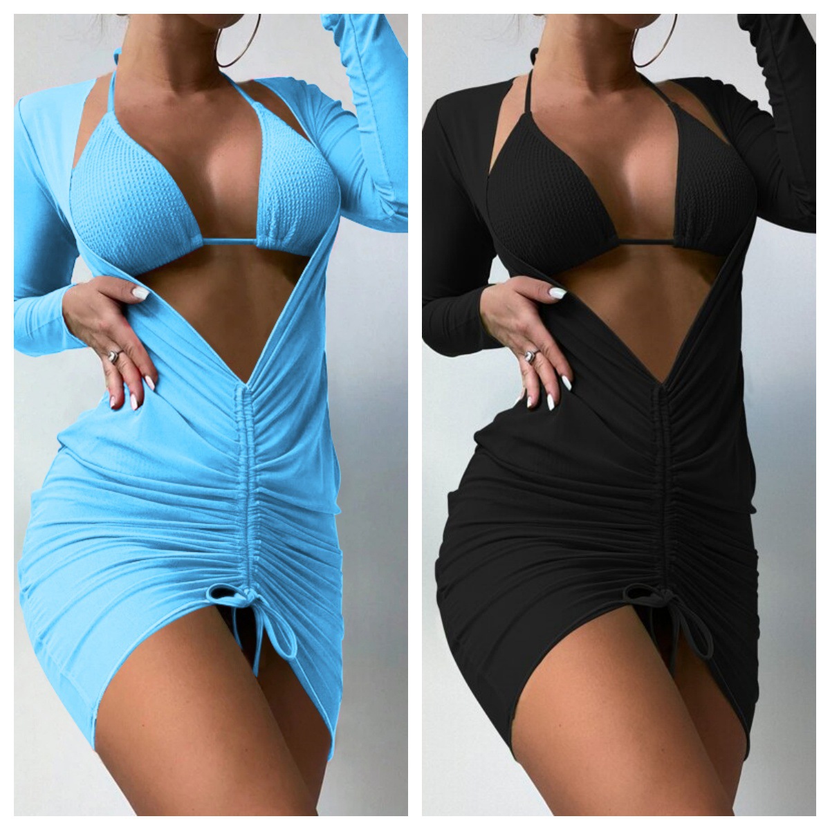 2024 Amazon new mesh long sleeved sun protection three piece swimsuit sexy cross-border beach bikini swimsuit