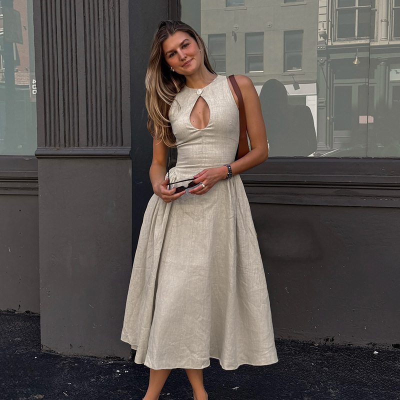 JY24284 Summer 2024 New Fashionable Mid length Skirt with European and American Style, Sexy Hollow A Pendant Dress for Women
