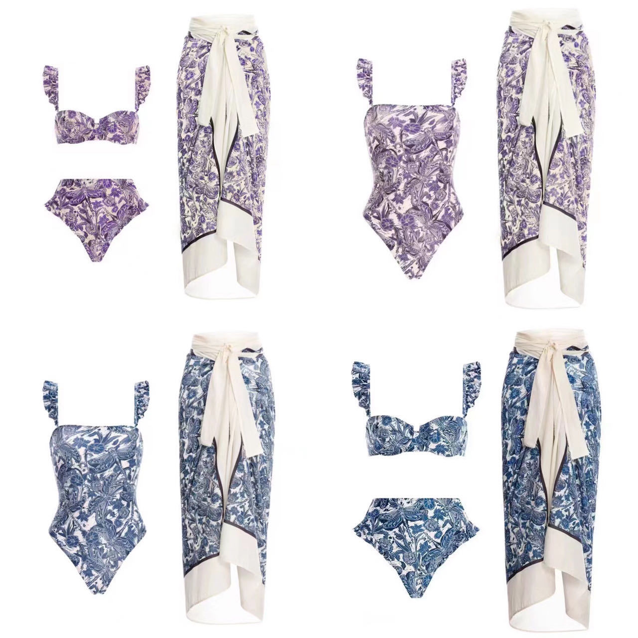 20234 new European and American French retro printed one-piece swimsuit for women's hot spring vacation beach skirt two-piece set swimsuit