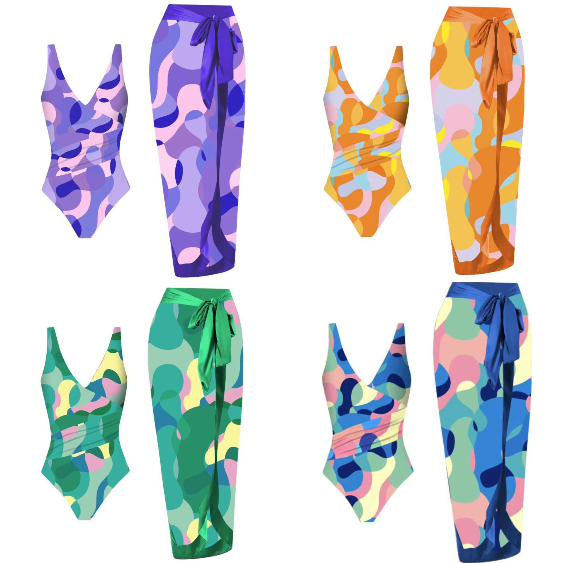 2024 European and American one-piece bikini set cross-border Lazada printed sunscreen gauze skirt beach hot spring vacation swimsuit