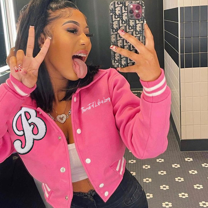 YJ22222 casual short knitted printed long sleeved baseball jacket women's summer women's sexy hot girl top