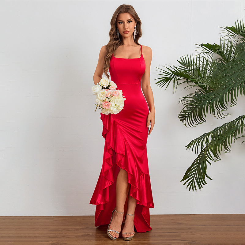 YJ24331 Summer 2024 New Style socialite style sexy temperament suspender ruffle edge slit dress for women