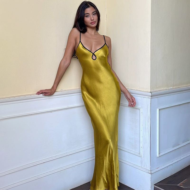 European and American foreign trade women's clothing 2025 spring new style solid color sexy suspender tied rope backless long skirt slim fit dress for women