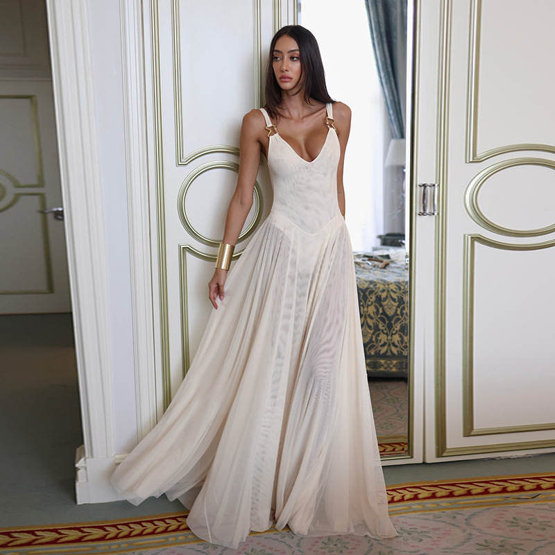 JY24612 Autumn 2024 New Sexy Long Skirt, Celebrity Style, Vacation Slimming Mesh A-list Dress