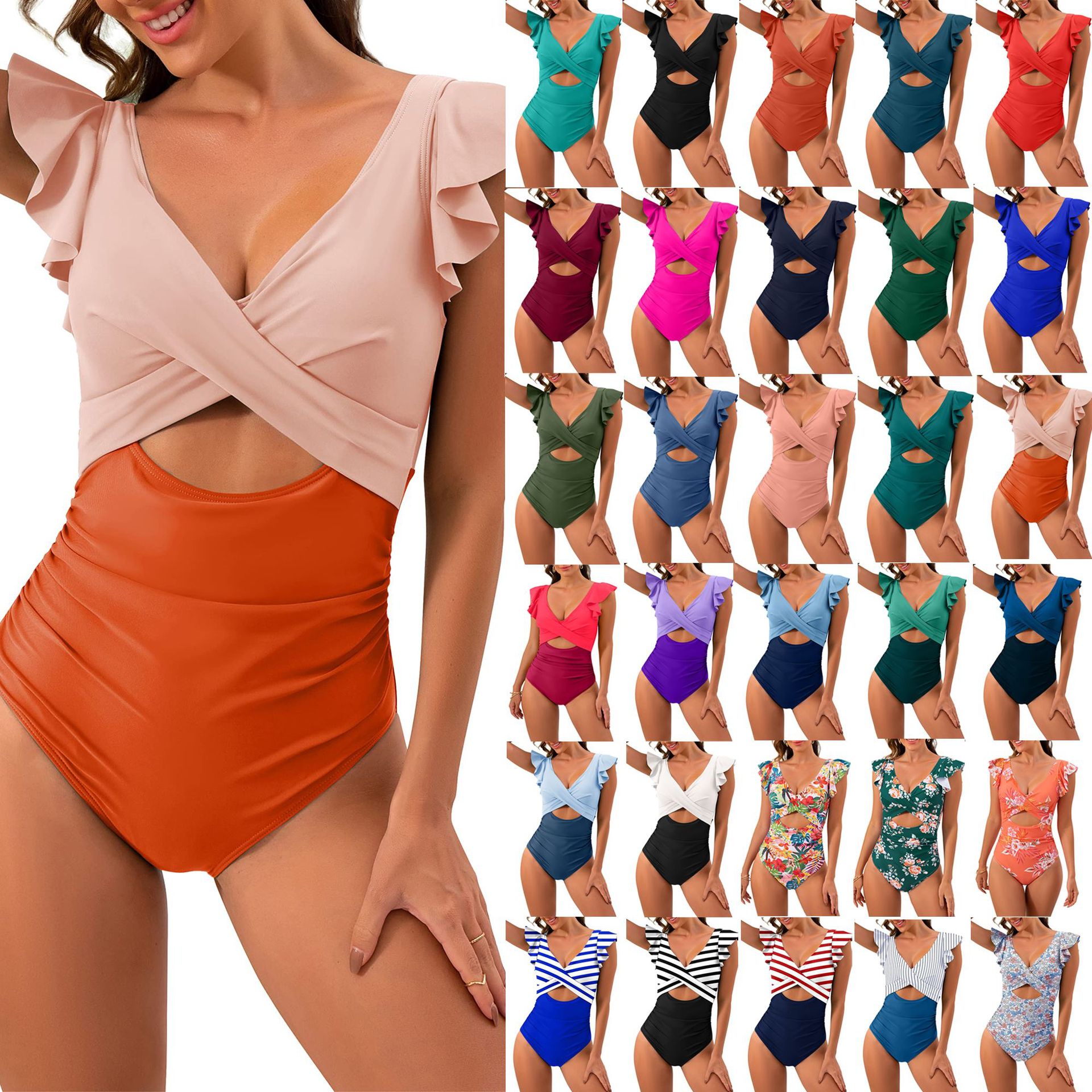 2024 new Amazon swimsuit with belly covering and slimming effect, one-piece cross hot spring ruffle edge, foreign trade swimsuit bikini