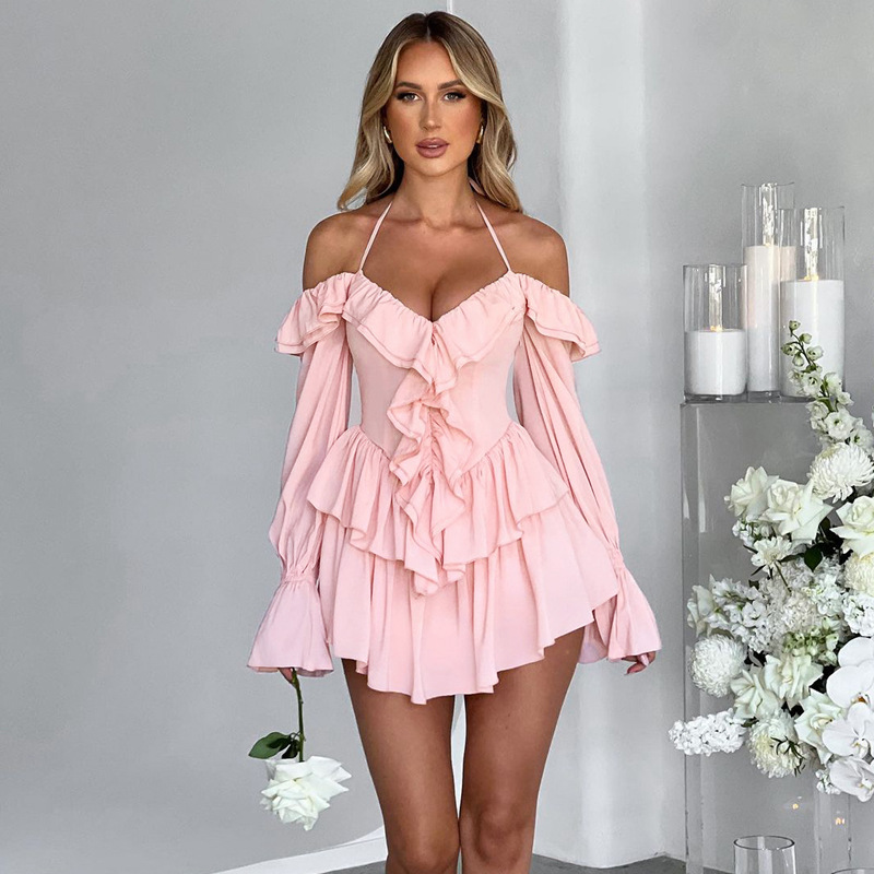 European and American style cross-border women's clothing 2025 summer new sexy hanging neck, low cut, ruffled edge long sleeved jumpsuit shorts hair replacement