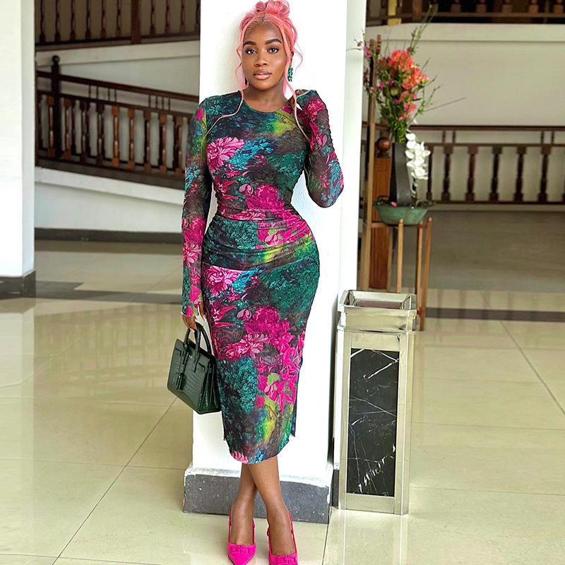 European and American style cross-border personalized fashionable women's clothing elegant printed bag hip one-step skirt round neck long sleeved slim long dress