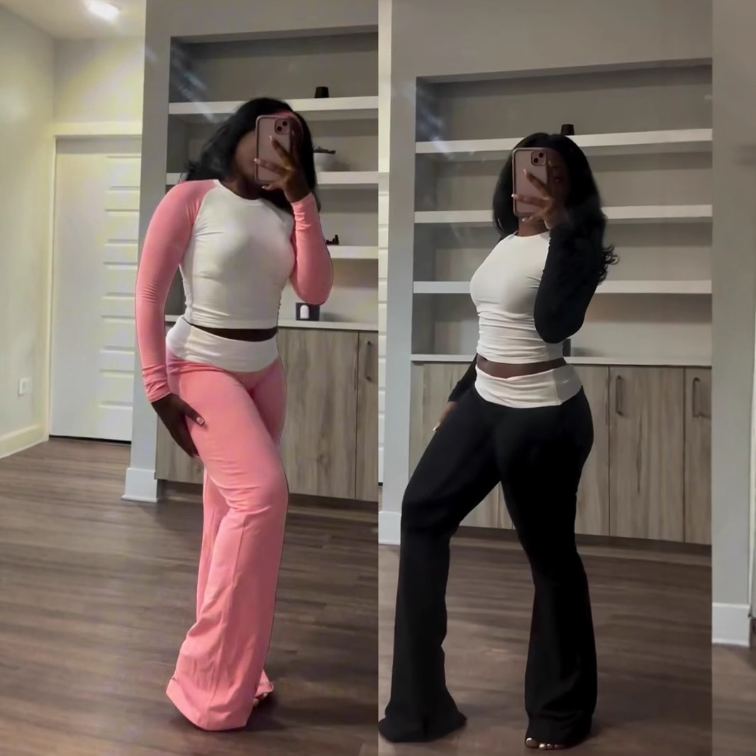 Y6058 New European and American Women's Wear Color Contrasting Tight Fit High Waist Folding Slim Fit with Velvet Sports Yoga Pants Set