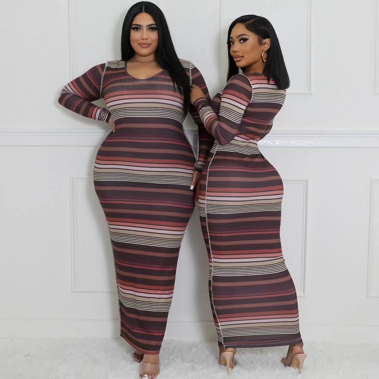 Y6019 European and American women's clothing 2024 new product Spring and Autumn Winter Pit stripe printed striped round neck long sleeved Amazon dress