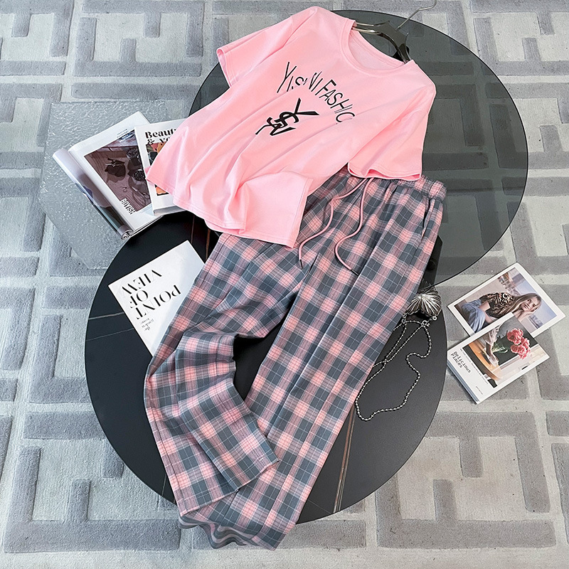 Internet celebrity explosive street sports suit women's summer casual fashion western-style age reducing short sleeved checkered wide leg pants two-piece set trendy