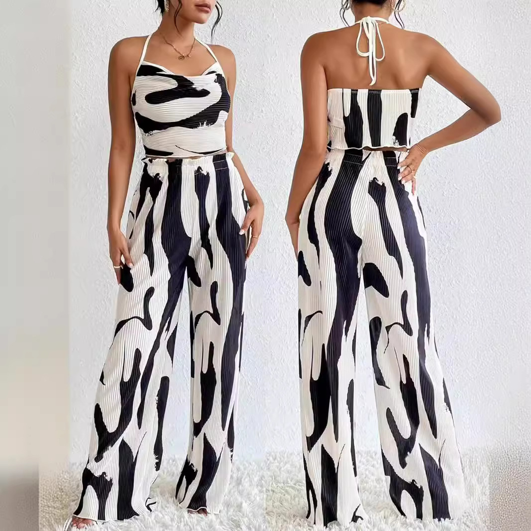 Y6036 European and American women's clothing 2024 summer new item big pit stripe print hanging neck wide leg pants casual set in stock